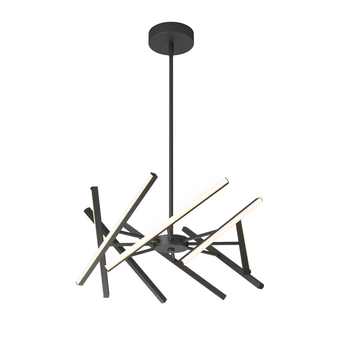 Modern chandelier with a black central rod and several intersecting black arms, each featuring slim, linear LED light strips, forming an abstract, geometric design.