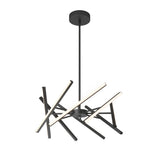 Modern chandelier with a black central rod and several intersecting black arms, each featuring slim, linear LED light strips, forming an abstract, geometric design.
