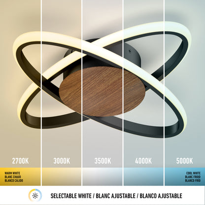 Artika’s Atomic 15 in. LED flush mount light 5 CCT is shown with circular rings, displaying five vertical sections from warm white (2700K) on the left to cool white (5000K) on the right.