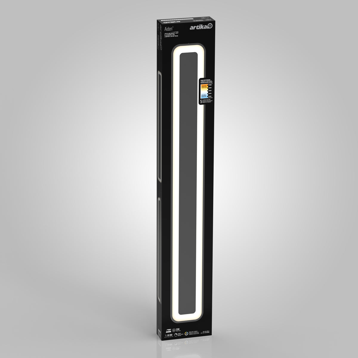 A tall, rectangular black box with a vertical LED light strip visible through a clear window. The box displays the brand name Artika and an energy efficiency label near the top.