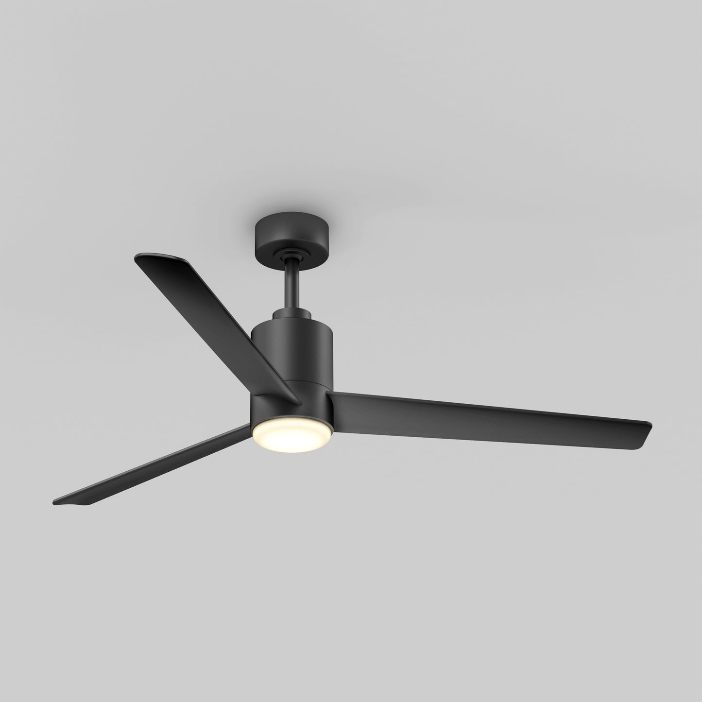 The Artika Ellison 52 in. LED modern ceiling fan, featuring three blades, a built-in light, and remote control, is mounted on a white ceiling against a plain light grey background.