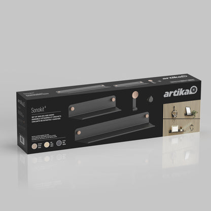 A black and gold Artika Sonokit box displays images of two shelves and hooks for Sonolok and Sonofold wall panels, with natural wood accents, product details, and quick-install guides for books or décor.