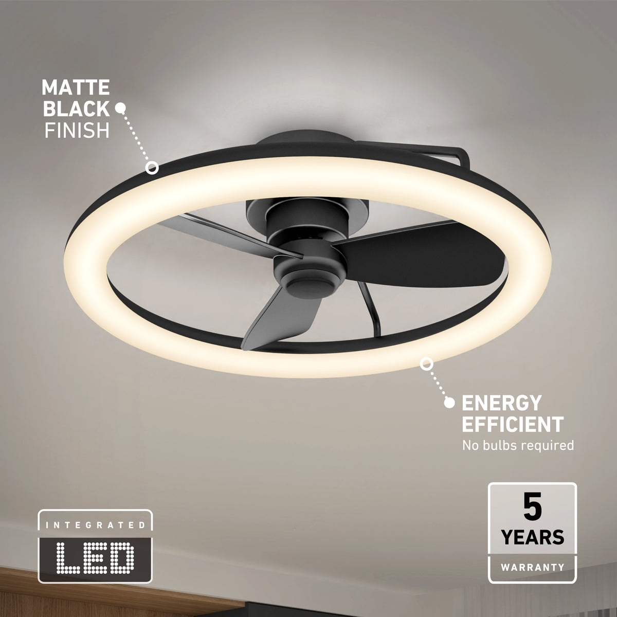 A modern ceiling fan with a circular integrated LED light, matte black finish, and three blades. Text highlights features: Energy efficient, no bulbs required, Matte black finish, 5 years warranty, and Integrated LED.