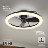A modern ceiling fan with a circular integrated LED light, matte black finish, and three blades. Text highlights features: Energy efficient, no bulbs required, Matte black finish, 5 years warranty, and Integrated LED.