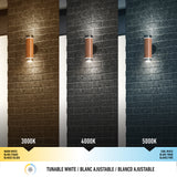 Three wall-mounted lights illuminate a brick wall in different color temperatures: 3000K warm white on the left, 4000K neutral white in the center, and 5000K cool white on the right. Labels and temperature values are shown below.