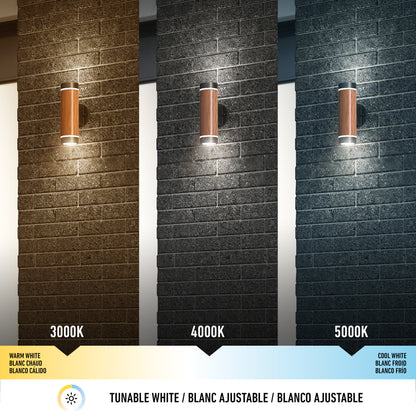 Three Artika C7 indoor-outdoor LED wall lights on brick walls display warm white (3000K) left, neutral white (4000K) center, and cool white (5000K) right, each labeled with its color temperature below.