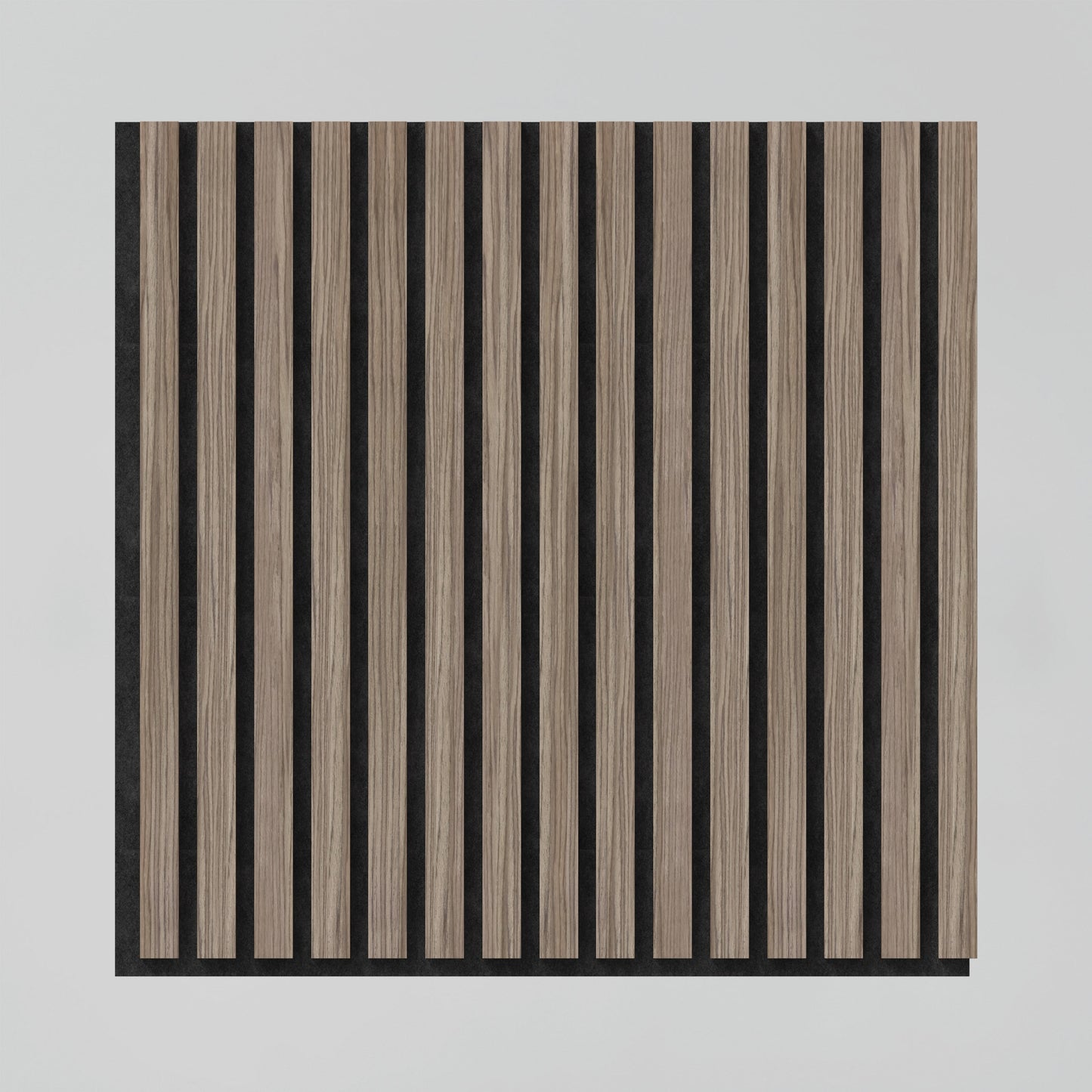 The Artika-CAN-dev Sonolok 15.5 ft sound-absorbing wall panel kit features a square design with evenly spaced vertical wooden slats and black gaps, set against a light grey background.