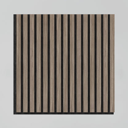 The Artika-CAN-dev Sonolok 15.5 ft sound-absorbing wall panel kit features a square design with evenly spaced vertical wooden slats and black gaps, set against a light grey background.