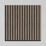 A square panel featuring vertical wooden slats evenly spaced over a black background, creating a striped pattern. The overall look is modern and minimalist.