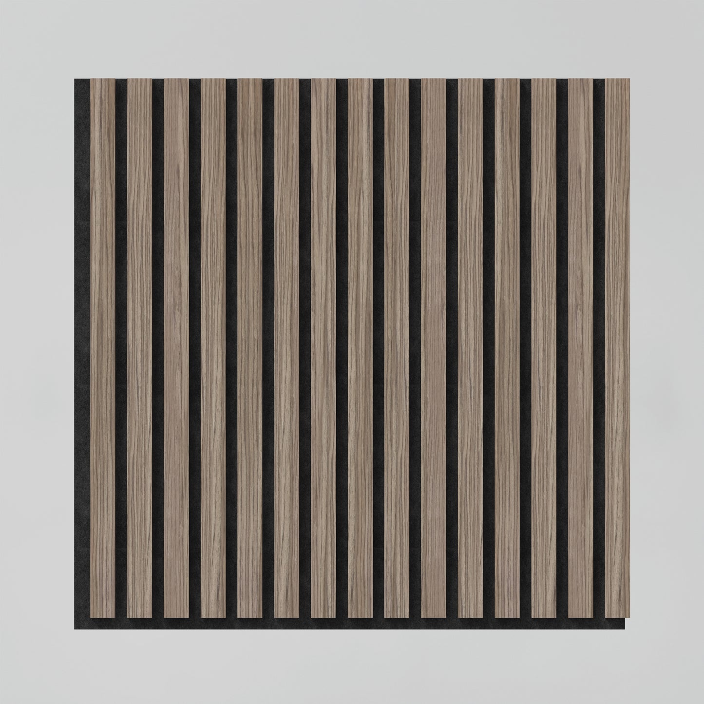 The Artika Sonolok 15.5 ft sound-absorbing wall panel kit features a square design with vertical light brown wooden slats evenly spaced over a black background, offering a neutral striped look with strong contrast.