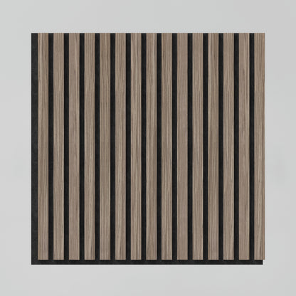 The Artika Sonolok 15.5 ft sound-absorbing wall panel kit features a square design with vertical light brown wooden slats evenly spaced over a black background, offering a neutral striped look with strong contrast.