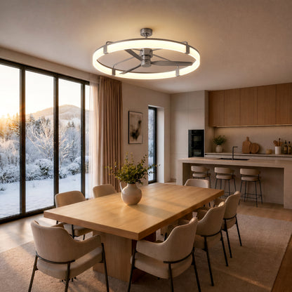 Modern dining room with wood table, 8 chairs, large windows, and Artika Sunnyvale LED ceiling fan; snowy landscape outside.