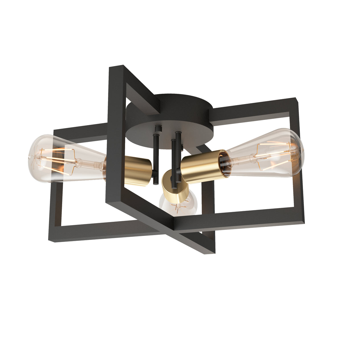 The Artika Holt 3-light flush mount features intersecting black square frames, brass accents, and three exposed bulbs for a geometric, contemporary style.