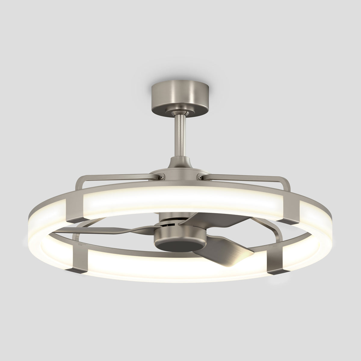 Artika Sunnyvale 28″ LED fandelier: modern ceiling fan with light, remote, and 3 blades in a sleek metallic finish.