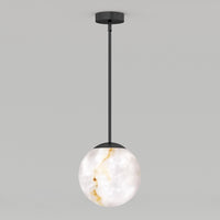 The Artika Selena LED contemporary pendant light 3 CCT features a marbled white and gold glass sphere, suspended from a black rod and ceiling mount, shown against a plain light gray background.