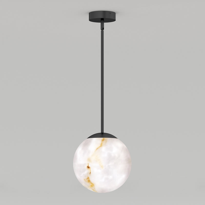 The Artika Selena LED contemporary pendant light 3 CCT features a marbled white and gold glass sphere, suspended from a black rod and ceiling mount, shown against a plain light gray background.