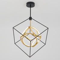The Artika Luxury LED pendant light features a black cube frame with intertwined gold rings and built-in LEDs, suspended from a black mount for a modern ceiling look.