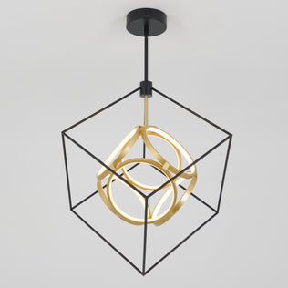 The Artika Luxury LED pendant light features a black cube frame with intertwined gold rings and built-in LEDs, suspended from a black mount for a modern ceiling look.