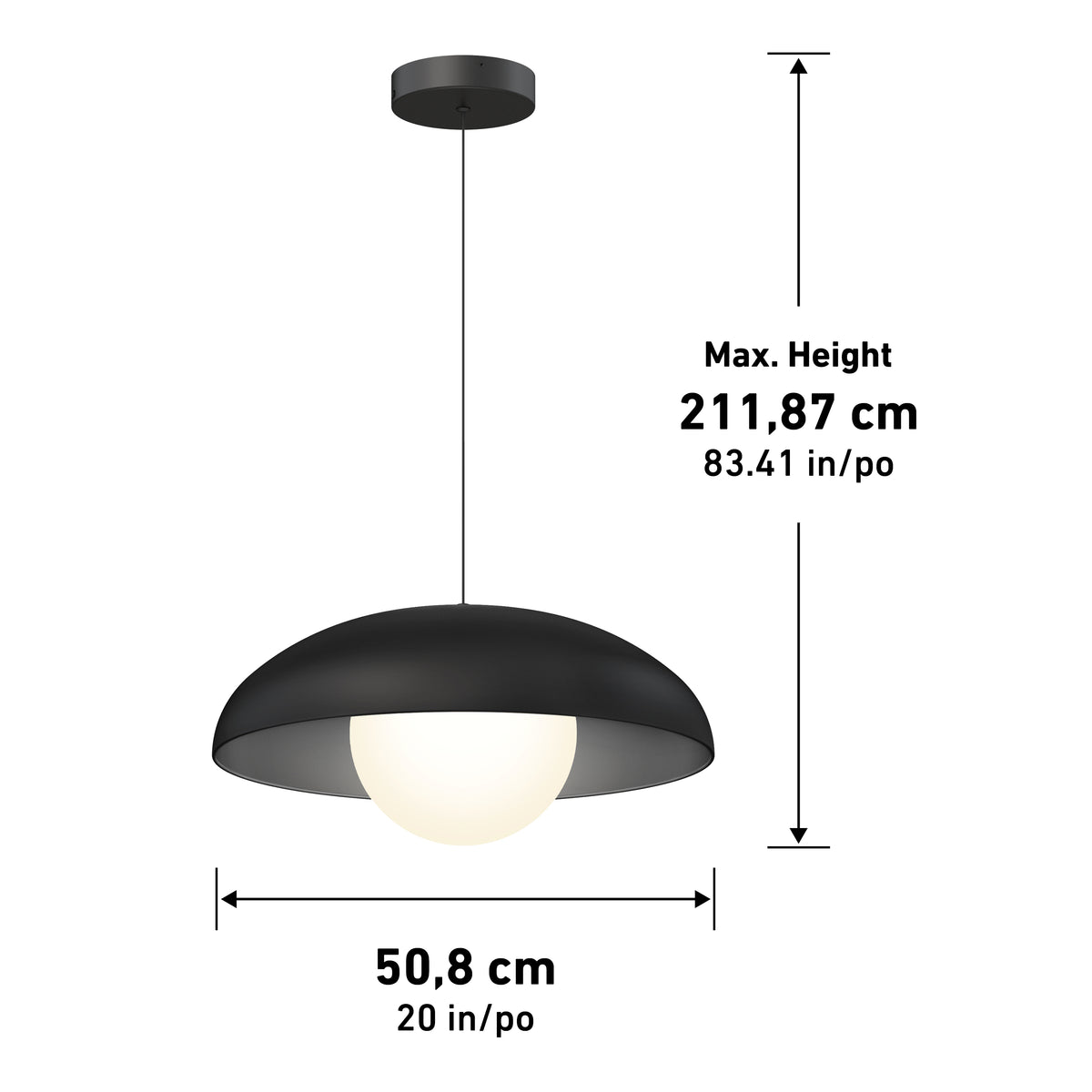 Black pendant lamp with a round shade and globe bulb, hanging from a ceiling mount. Measurements shown: maximum height 211.87 cm (83.41 in), shade diameter 50.8 cm (20 in).