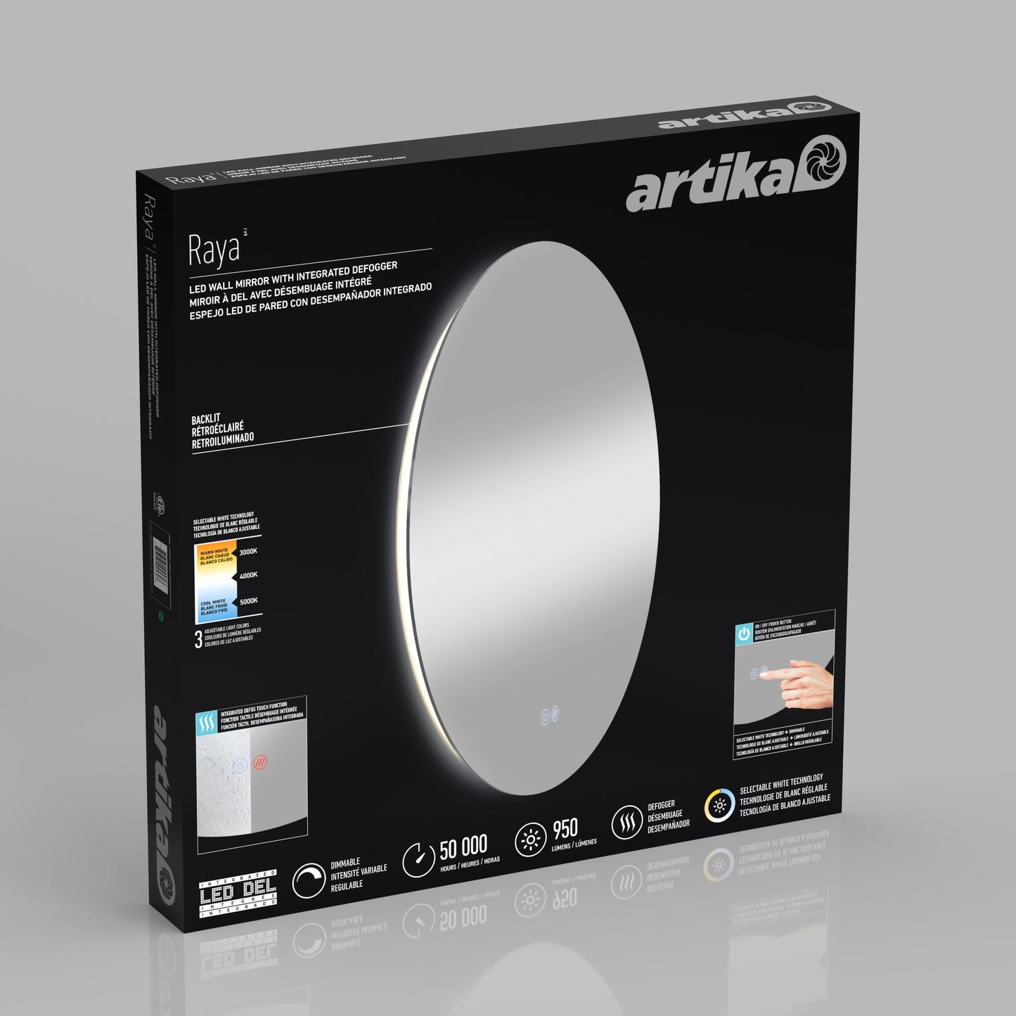 A black box for the Artika-CAN-dev Raya 24 in. LED mirror 3 CCT with defogger, showing an illuminated round mirror, touch controls, 50,000-hour lifespan, 950 lumens, and features listed in English and French.