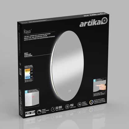 A black box for the Artika-CAN-dev Raya 24 in. LED mirror 3 CCT with defogger, showing an illuminated round mirror, touch controls, 50,000-hour lifespan, 950 lumens, and features listed in English and French.