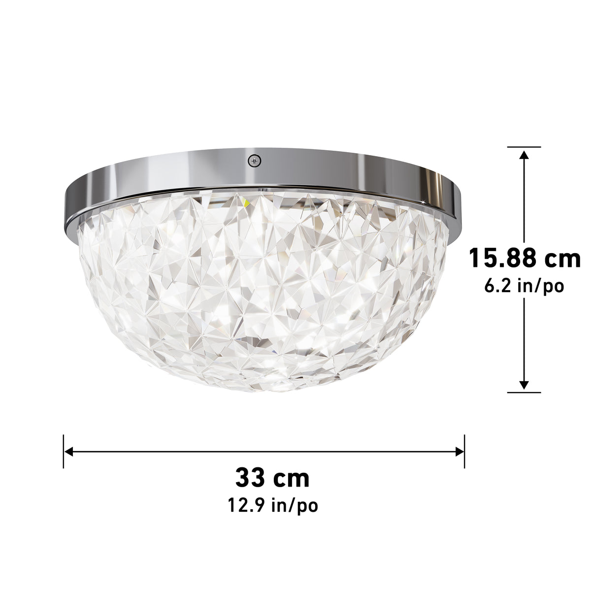 A crystal-patterned dome ceiling light fixture with a chrome rim, measuring 33 cm (12.9 in) wide and 15.88 cm (6.2 in) tall.
