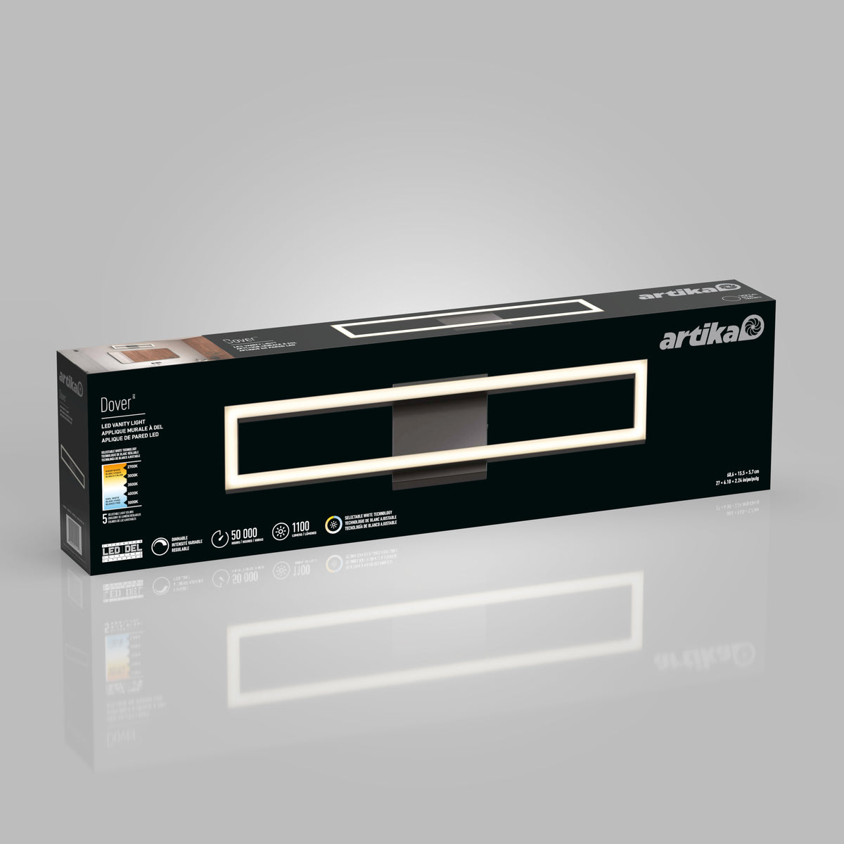 A black rectangular box labeled “Artika Dover” displays an LED vanity light with a modern rectangular design. The packaging shows specs like 50,000-hour lifespan and 1100 lumens on a gray background.