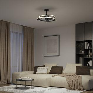 Modern living room with beige sectional, brown pillows, and Artika Coda 23 in. LED ceiling fan with remote above the coffee table.