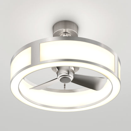 The Artika Huxley 23 in. LED modern ceiling fan features three blades, three speeds, a brushed metal finish, and an integrated circular LED light, mounted elegantly on a white ceiling.
