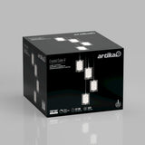 A black box with Artika branding displays the Crystal Cube 4 pendant light fixture, showing images of four hanging rectangular crystal lights. Product features and icons are visible on the front.