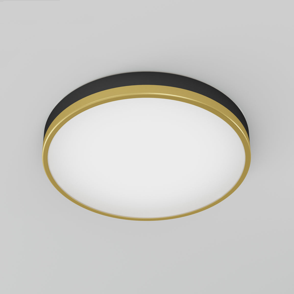 A modern round ceiling light fixture with a black base and a gold trim surrounding a white diffused center, mounted on a light gray ceiling.
