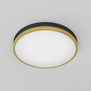 The Artika Kent LED flush mount light has a modern round design with a white center, gold outer rim, and black edge accent, shown mounted on a light gray ceiling.