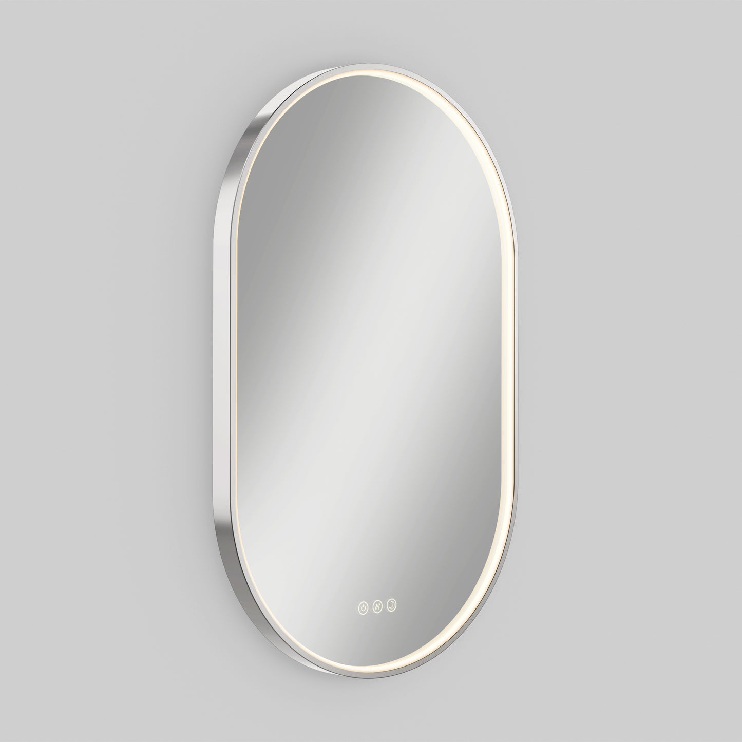 The Artika Royce LED mirror 3 CCT with defogger is a modern oval wall mirror featuring built-in edge LED lighting and three touch controls at the bottom, displayed against a plain light gray background.