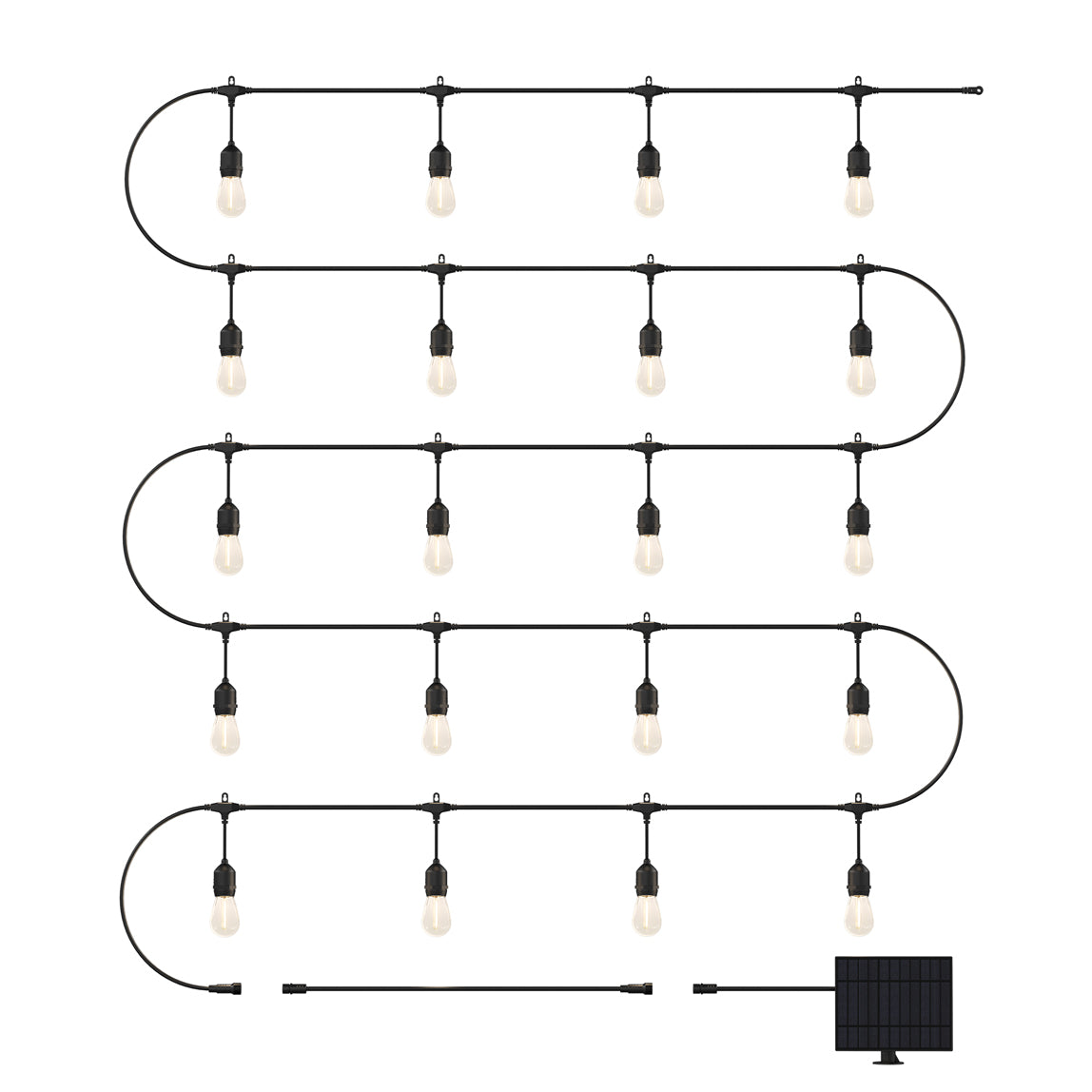 A set of outdoor string lights with exposed bulbs, arranged in a wavy horizontal pattern. A small solar panel is shown in the bottom right corner, indicating solar power as the energy source.