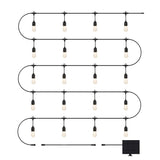 A set of outdoor string lights with exposed bulbs, arranged in a wavy horizontal pattern. A small solar panel is shown in the bottom right corner, indicating solar power as the energy source.