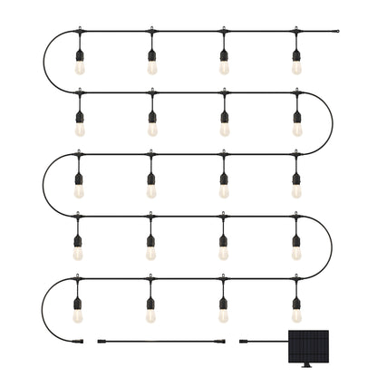 The Artika Blaze 20 LED Outdoor Solar String Lights feature exposed bulbs on five horizontal rows, a black cable, and a small solar panel attached at the bottom right.