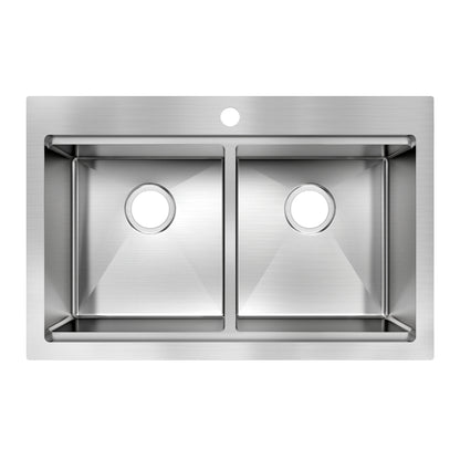The Artika Newport double bowl stainless steel sink features sharp rectangular edges, a top-view design, a faucet hole, and center drains in each basin.