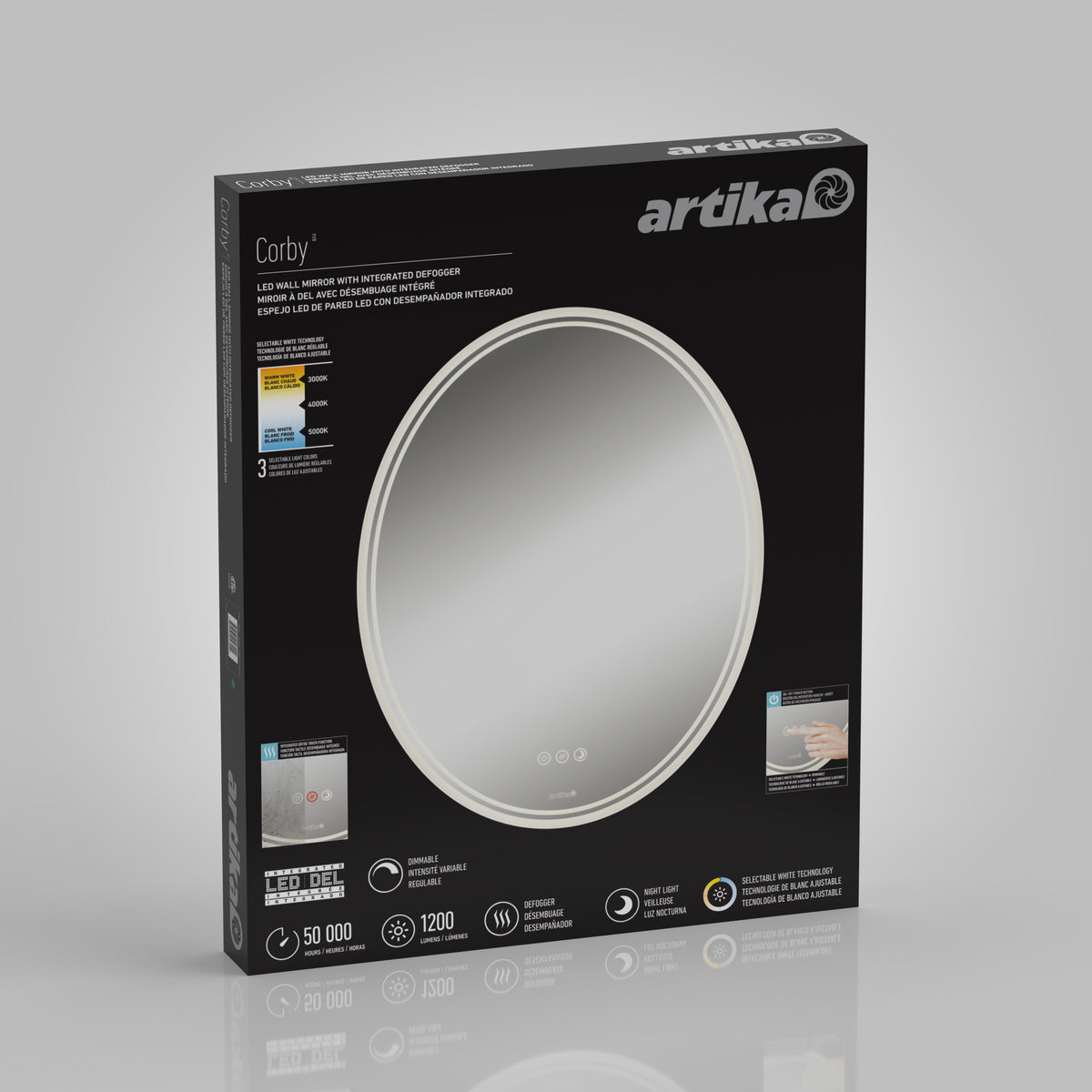 A black Artika Corby LED wall mirror box features an image of an oval mirror with a lighted frame. Product features, icons, and text in English, French, and Spanish are visible on the packaging.