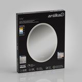 A black Artika Corby LED wall mirror box features an image of an oval mirror with a lighted frame. Product features, icons, and text in English, French, and Spanish are visible on the packaging.
