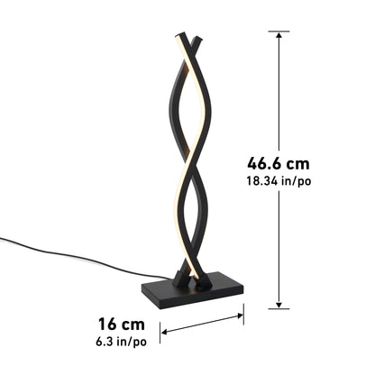 The Artika Wave LED Table Lamp features two twisted LED light strips on a modern black rectangular base. It stands 46.6 cm tall and 16 cm wide, with a power cord that extends from the base.