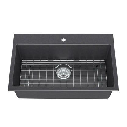 Artika Baycrest 33″ black sink with center drain, faucet hole at back, and metal grid included.
