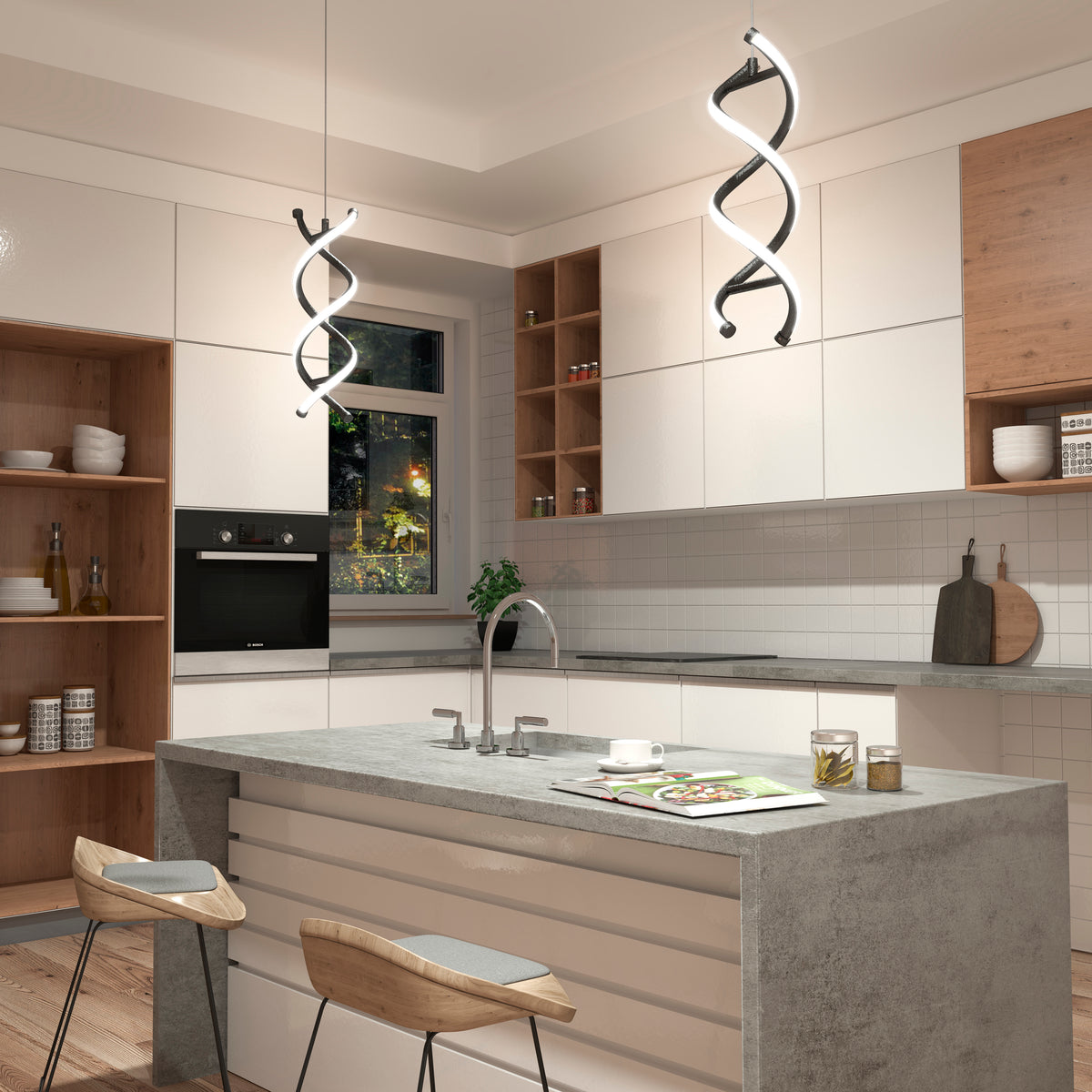 Modern kitchen with white cabinets, wooden accents, and a concrete island with two wooden bar stools. Unique DNA-shaped pendant lights hang above the island, and open shelves display dishes and glassware.