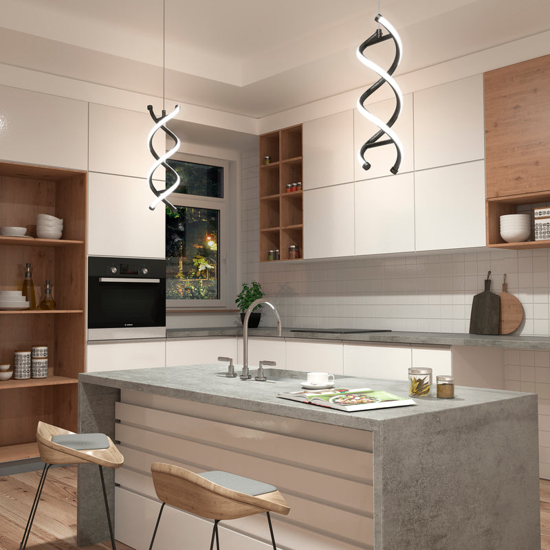 Modern kitchen with white cabinets, gray island countertop, two wooden barstools, open shelving, and two Artika DNA LED pendant lights hanging above the island.