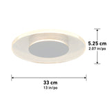 Round ceiling light fixture with a glowing rim and a dark center, measuring 33 cm (13 in) in diameter and 5.25 cm (2.07 in) in height. Dimensional arrows indicate the measurements.