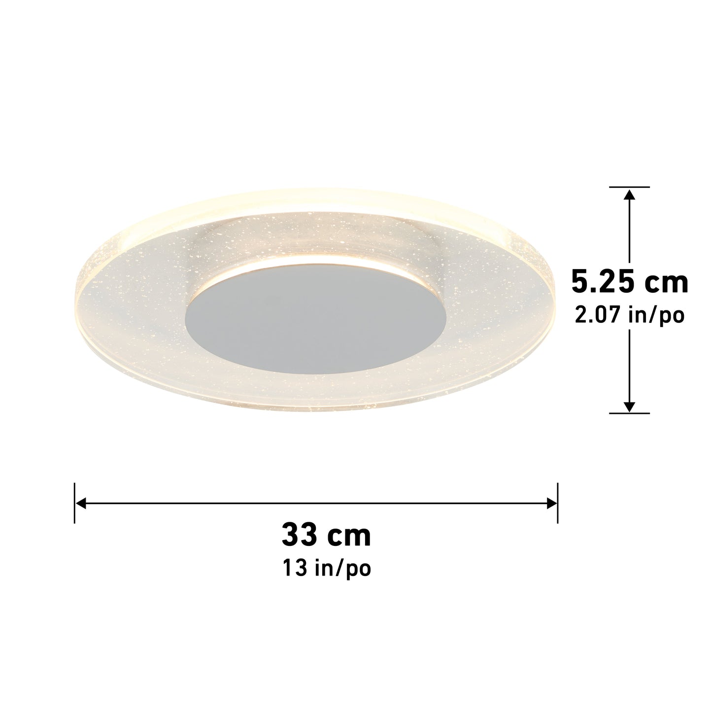 The Artika-CAN-dev Essence Disk LED flush mount features integrated LEDs and a frosted edge. It measures 33 cm (13 in) in diameter and 5.25 cm (2.07 in) high; arrows indicate its dimensions.