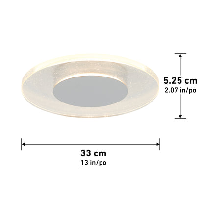Artika Essence Disk LED flush mount, featuring a glittery rim, measures 33 cm (13 in) in diameter and 5.25 cm (2.07 in) in height; shown here with labeled dimensions.