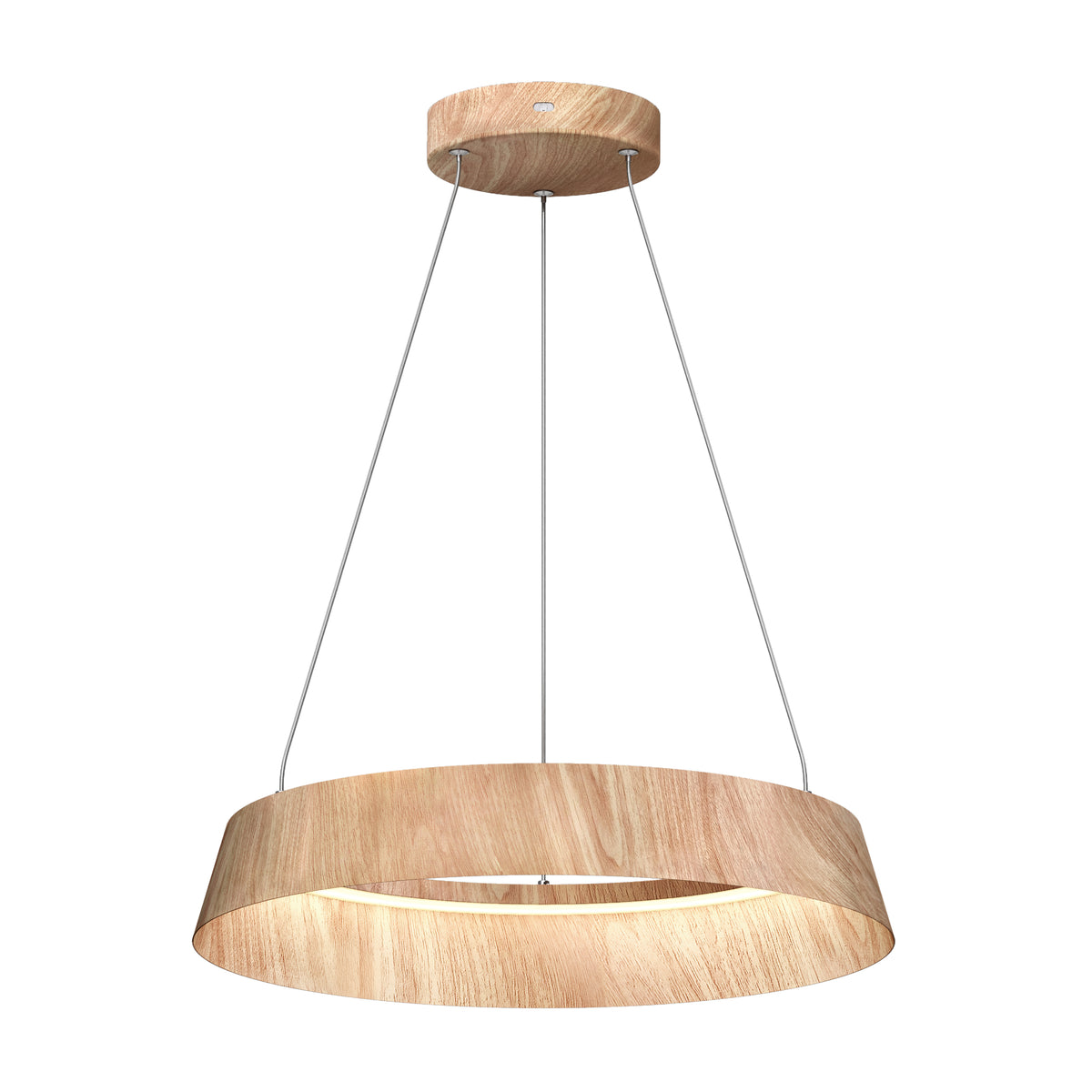 A modern pendant light fixture with a circular wooden ring shade, suspended from the ceiling by three thin, angled wires. The wood has a light, natural finish.