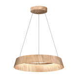 A modern pendant light fixture with a circular wooden ring shade, suspended from the ceiling by three thin, angled wires. The wood has a light, natural finish.