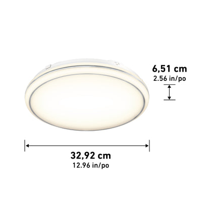 Round LED ceiling light with a white frame, measuring 32.92 cm (12.96 inches) in diameter and 6.51 cm (2.56 inches) in height. The light is illuminated, and dimensions are marked beside it.