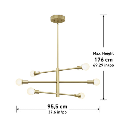 The Artika Aristo LED 5 CCT pendant light features a modern gold design with six exposed bulbs on horizontal and vertical rods. It measures 95.5 cm (37.6 in) wide and has a max height of 176 cm (69.29 in).